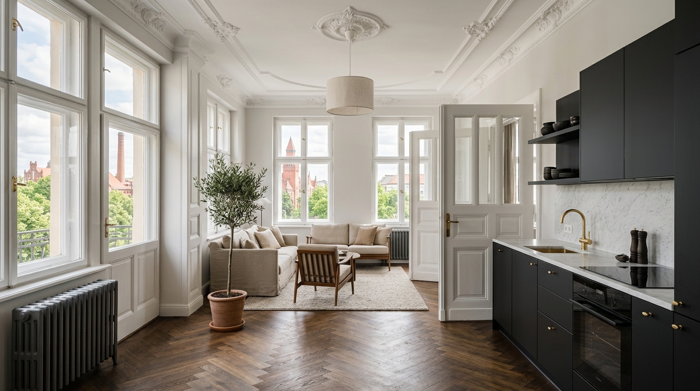 Renovierte Altbauwohnung in Prenzlauer Berg: Stuckdecke, Fischgrätparkett, Doppeltüren, moderne Küche und Blick zur Kulturbrauerei.