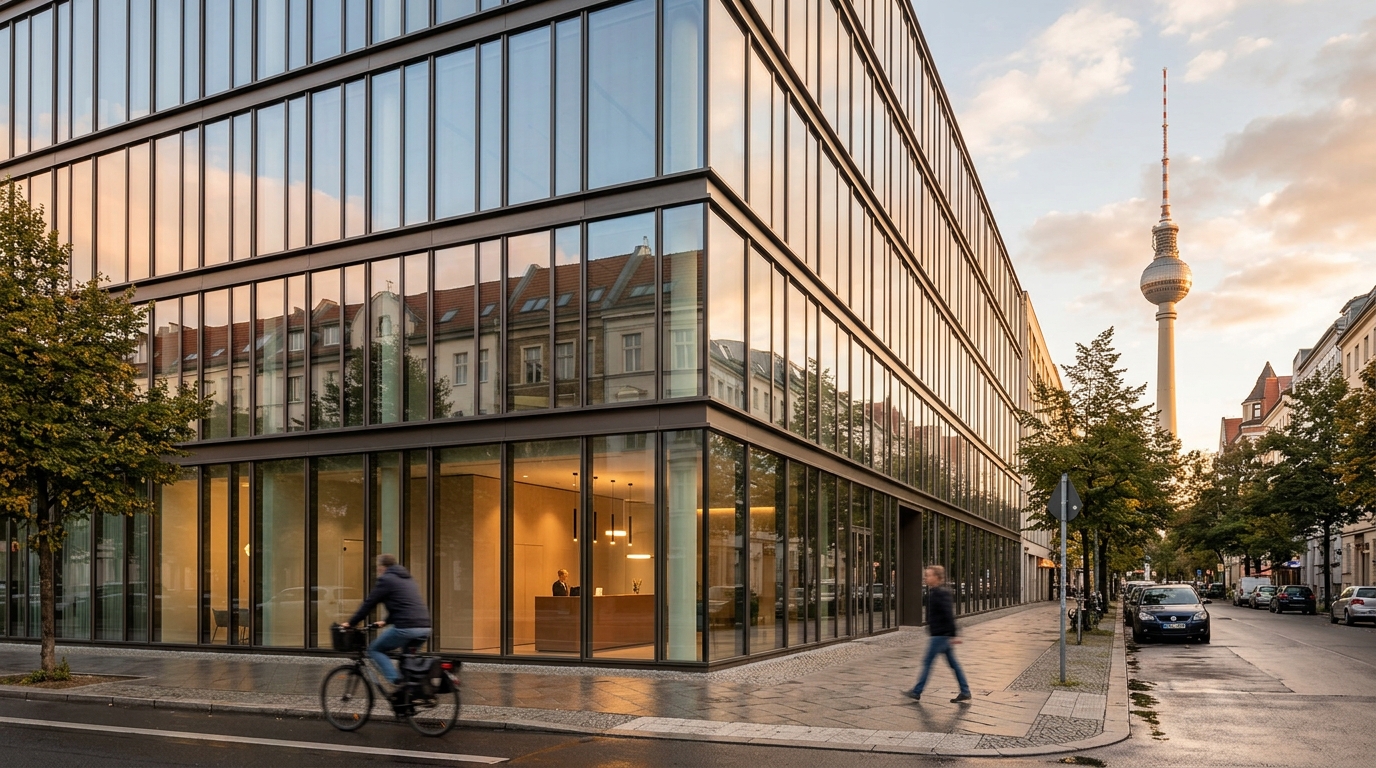 Weitwinkel-Außenaufnahme eines modernen Bürogebäudes in Berlin-Mitte mit warm beleuchtetem Empfang und Fernsehturm im Hintergrund.